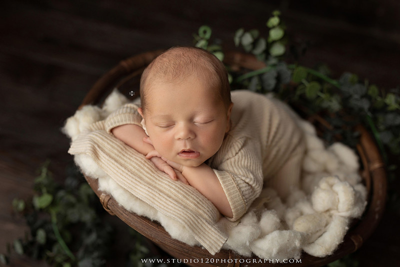 A collection of timeless newborn portraits featuring a sleeping baby boy photographed in Studio 120 Photography's Ramona studio. The gallery includes organic, neutral styling with soft cream wraps, textured knit blankets, rustic wooden bowls, vintage wash tubs, woven baskets, a modern macramé hammock, and a miniature woodland chair surrounded by handcrafted pine trees. Rich wood tones, eucalyptus greenery, dried botanicals, and warm natural textures create an elegant, earthy aesthetic. The collection also features simple beanbag portraits highlighting the baby's tiny features, peaceful sleeping poses, sweet smiles, and bright awake expressions. These fine art newborn photographs capture the beauty of a baby's earliest days with classic, heirloom-quality styling for families throughout Ramona, San Diego, Poway, Escondido, Lakeside, El Cajon, and surrounding Southern California communities.