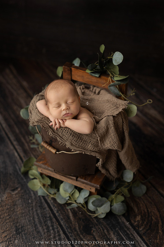 A collection of timeless newborn portraits featuring a sleeping baby boy photographed in Studio 120 Photography's Ramona studio. The gallery includes organic, neutral styling with soft cream wraps, textured knit blankets, rustic wooden bowls, vintage wash tubs, woven baskets, a modern macramé hammock, and a miniature woodland chair surrounded by handcrafted pine trees. Rich wood tones, eucalyptus greenery, dried botanicals, and warm natural textures create an elegant, earthy aesthetic. The collection also features simple beanbag portraits highlighting the baby's tiny features, peaceful sleeping poses, sweet smiles, and bright awake expressions. These fine art newborn photographs capture the beauty of a baby's earliest days with classic, heirloom-quality styling for families throughout Ramona, San Diego, Poway, Escondido, Lakeside, El Cajon, and surrounding Southern California communities.