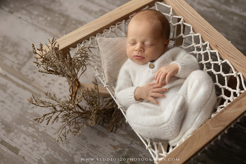 A collection of timeless newborn portraits featuring a sleeping baby boy photographed in Studio 120 Photography's Ramona studio. The gallery includes organic, neutral styling with soft cream wraps, textured knit blankets, rustic wooden bowls, vintage wash tubs, woven baskets, a modern macramé hammock, and a miniature woodland chair surrounded by handcrafted pine trees. Rich wood tones, eucalyptus greenery, dried botanicals, and warm natural textures create an elegant, earthy aesthetic. The collection also features simple beanbag portraits highlighting the baby's tiny features, peaceful sleeping poses, sweet smiles, and bright awake expressions. These fine art newborn photographs capture the beauty of a baby's earliest days with classic, heirloom-quality styling for families throughout Ramona, San Diego, Poway, Escondido, Lakeside, El Cajon, and surrounding Southern California communities.