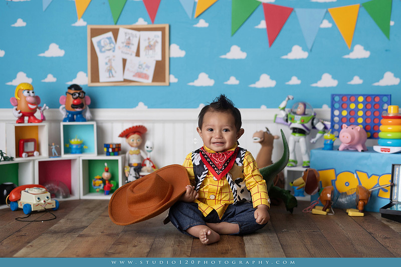 One-year-old boy dressed as Woody from Toy Story during a colorful milestone photography session, playing with classic toys including Rex the dinosaur, a cowboy hat, and ring toss games on a custom Toy Story inspired first birthday set at Studio 120 Photography in Ramona, serving San Diego and surrounding areas.