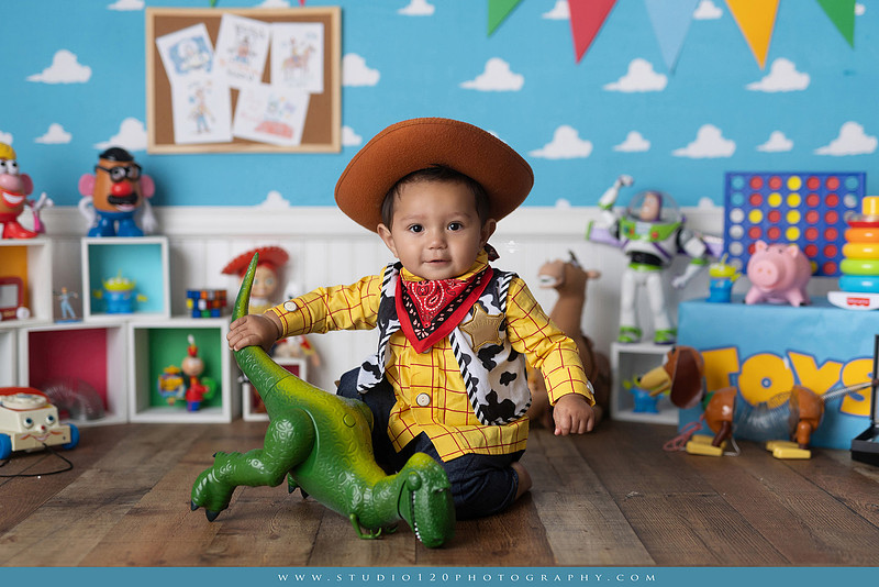 One-year-old boy dressed as Woody from Toy Story during a colorful milestone photography session, playing with classic toys including Rex the dinosaur, a cowboy hat, and ring toss games on a custom Toy Story inspired first birthday set at Studio 120 Photography in Ramona, serving San Diego and surrounding areas.