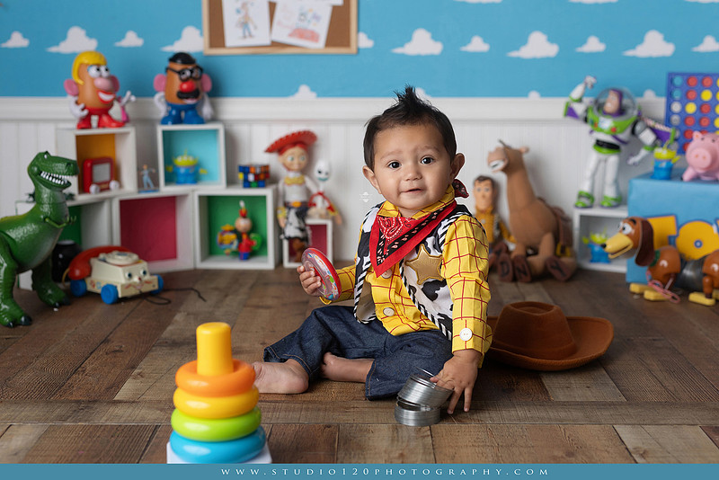 One-year-old boy dressed as Woody from Toy Story during a colorful milestone photography session, playing with classic toys including Rex the dinosaur, a cowboy hat, and ring toss games on a custom Toy Story inspired first birthday set at Studio 120 Photography in Ramona, serving San Diego and surrounding areas.