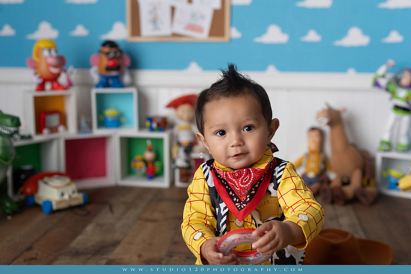 One-year-old boy dressed as Woody from Toy Story during a colorful milestone photography session, playing with classic toys including Rex the dinosaur, a cowboy hat, and ring toss games on a custom Toy Story inspired first birthday set at Studio 120 Photography in Ramona, serving San Diego and surrounding areas.