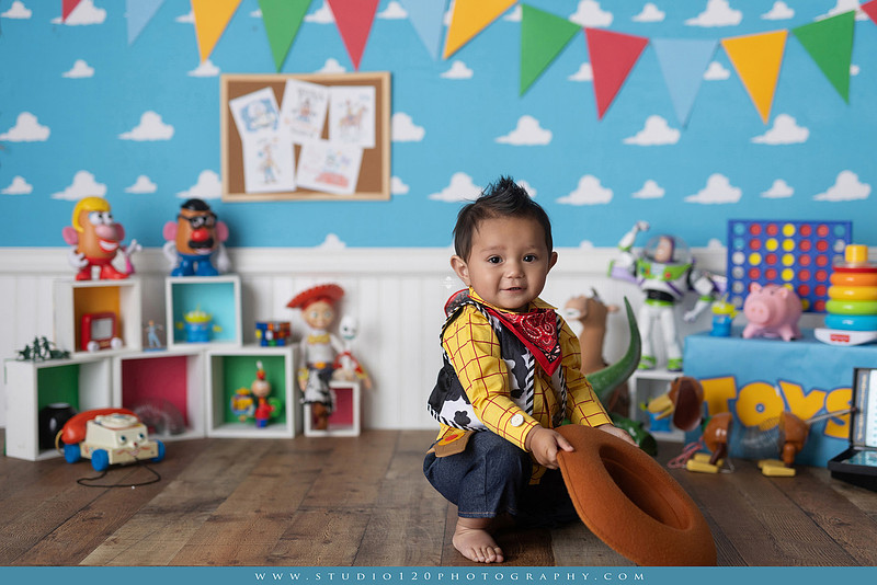 One-year-old boy dressed as Woody from Toy Story during a colorful milestone photography session, playing with classic toys including Rex the dinosaur, a cowboy hat, and ring toss games on a custom Toy Story inspired first birthday set at Studio 120 Photography in Ramona, serving San Diego and surrounding areas.