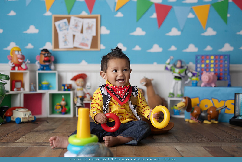 One-year-old boy dressed as Woody from Toy Story during a colorful milestone photography session, playing with classic toys including Rex the dinosaur, a cowboy hat, and ring toss games on a custom Toy Story inspired first birthday set at Studio 120 Photography in Ramona, serving San Diego and surrounding areas.