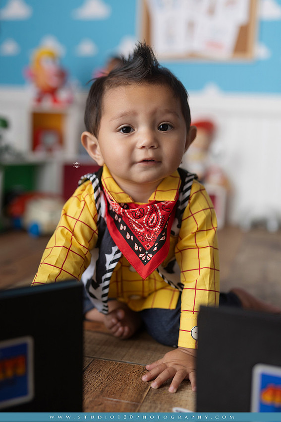 One-year-old boy dressed as Woody from Toy Story during a colorful milestone photography session, playing with classic toys including Rex the dinosaur, a cowboy hat, and ring toss games on a custom Toy Story inspired first birthday set at Studio 120 Photography in Ramona, serving San Diego and surrounding areas.