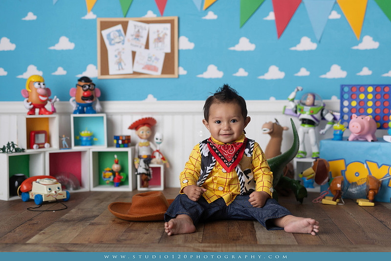 One-year-old boy dressed as Woody from Toy Story during a colorful milestone photography session, playing with classic toys including Rex the dinosaur, a cowboy hat, and ring toss games on a custom Toy Story inspired first birthday set at Studio 120 Photography in Ramona, serving San Diego and surrounding areas.