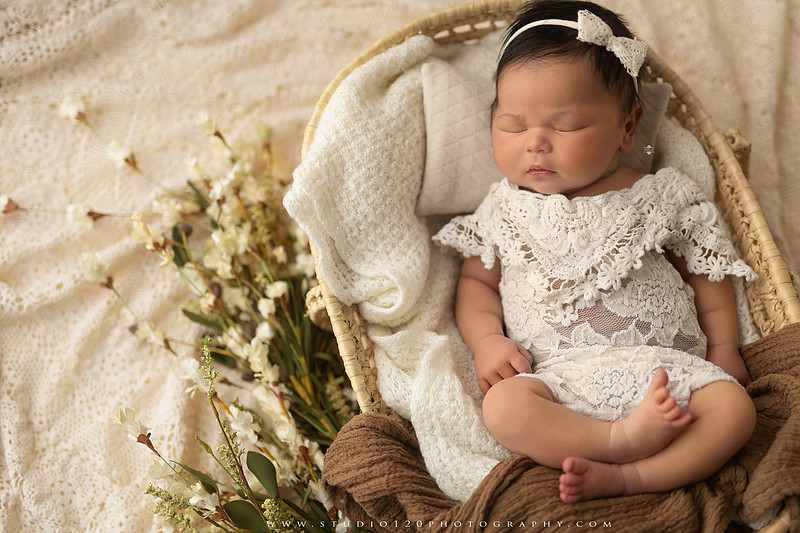 A collection of newborn baby girl portraits featuring peaceful sleeping poses, soft neutral wraps, delicate floral headbands, textured blankets, rustic baskets, natural wood props, creamy backdrops, and a special police tribute setup with a badge and Thin Blue Line flag. The gallery showcases timeless, baby-led newborn photography with warm, organic tones at Studio 120 Photography in Ramona, serving San Diego County.