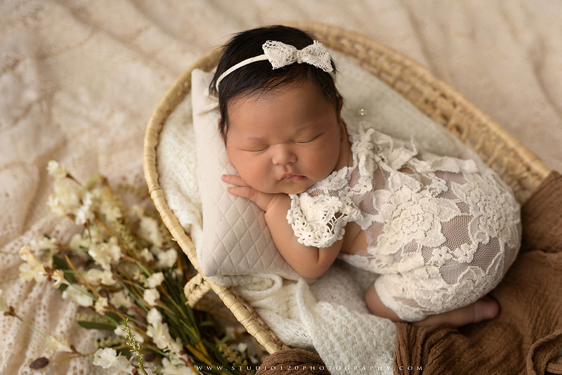 A collection of newborn baby girl portraits featuring peaceful sleeping poses, soft neutral wraps, delicate floral headbands, textured blankets, rustic baskets, natural wood props, creamy backdrops, and a special police tribute setup with a badge and Thin Blue Line flag. The gallery showcases timeless, baby-led newborn photography with warm, organic tones at Studio 120 Photography in Ramona, serving San Diego County.