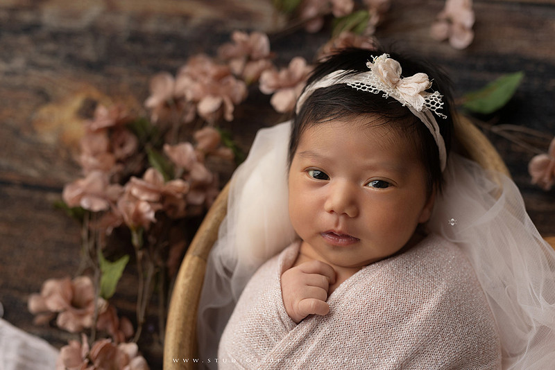 Newborn photography session at Studio 120 Photography in Ramona, California, featuring a baby girl in soft pink, cream, floral and neutral setups, custom portraits with her mother’s Labubu doll collection, sibling photos with her three big brothers, family portraits with Mom and Dad, and timeless baby-only images.