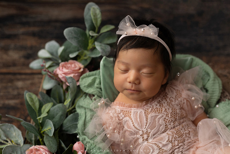 Newborn photography session at Studio 120 Photography in Ramona, California, featuring a baby girl in soft pink, cream, floral and neutral setups, custom portraits with her mother’s Labubu doll collection, sibling photos with her three big brothers, family portraits with Mom and Dad, and timeless baby-only images.