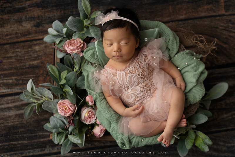 Newborn photography session at Studio 120 Photography in Ramona, California, featuring a baby girl in soft pink, cream, floral and neutral setups, custom portraits with her mother’s Labubu doll collection, sibling photos with her three big brothers, family portraits with Mom and Dad, and timeless baby-only images.