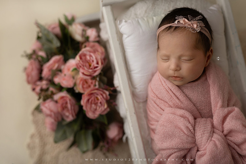 Newborn baby girl photography session featuring soft pink, lavender, blue and neutral styling, floral newborn portraits, rustic western-inspired setups, sibling photos with two big brothers, and family portraits with parents at Studio 120 Photography in Ramona, California.