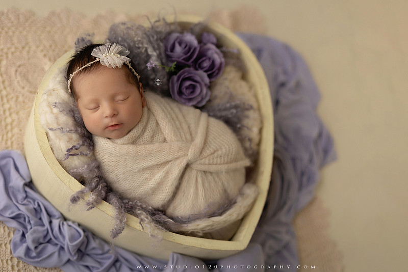 Newborn baby girl photography session featuring soft pink, lavender, blue and neutral styling, floral newborn portraits, rustic western-inspired setups, sibling photos with two big brothers, and family portraits with parents at Studio 120 Photography in Ramona, California.