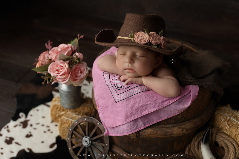 Newborn baby girl photography session featuring soft pink, lavender, blue and neutral styling, floral newborn portraits, rustic western-inspired setups, sibling photos with two big brothers, and family portraits with parents at Studio 120 Photography in Ramona, California.