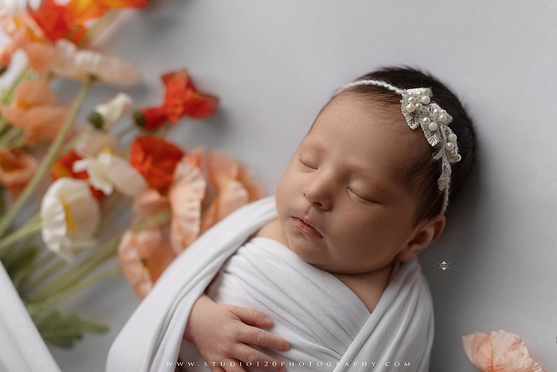 Newborn baby girl photography session featuring soft pink, lavender, blue and neutral styling, floral newborn portraits, rustic western-inspired setups, sibling photos with two big brothers, and family portraits with parents at Studio 120 Photography in Ramona, California.